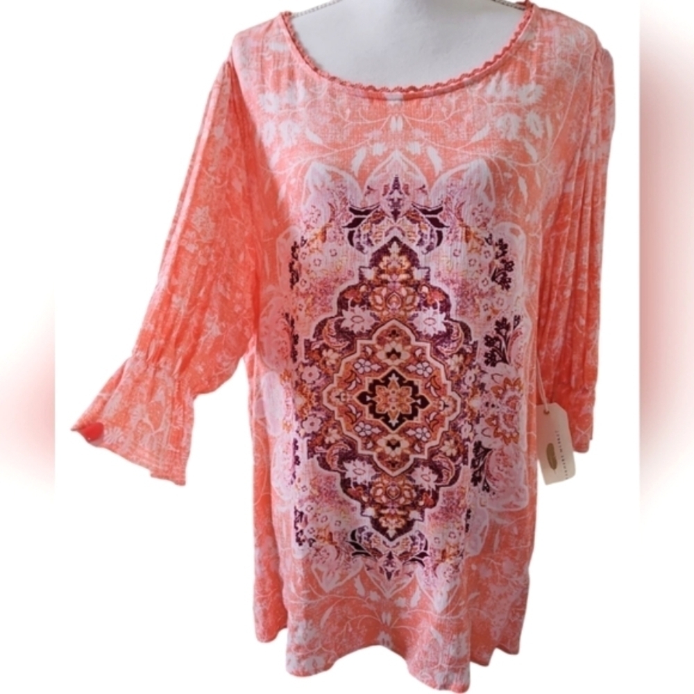 FARMERS MARKET RUFFLE SLEEVE BLOUSE SZ XL CORAL PURPLE